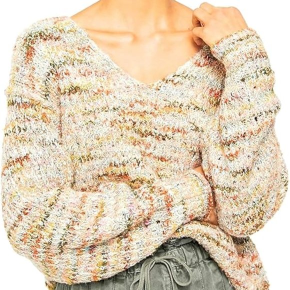 NWT Free People Highland Cable Knit Oversized V-Neck Mendocino Combo Sweater XS - Picture 3 of 13